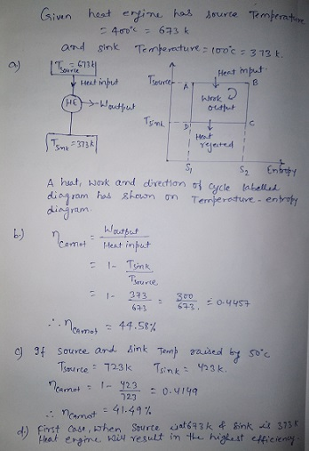engine has Given heat source Temperature - 400% = 673k and sink Temperature s too = 313 . Tommy Heat input • Heat infect Tsou
