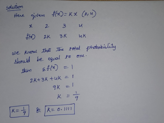 solution Here given x 2 fl 2K f(x)= KX (2,4) 3 u 3K UK probability we know that the total should be equal to one. then Effx)