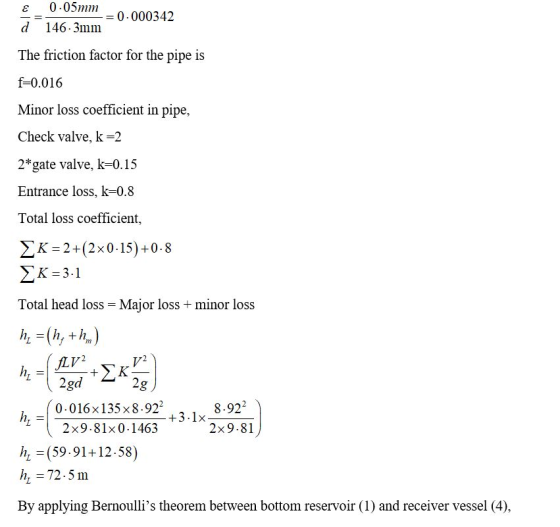 E 0.05mm d 146.3mm = = = 0.000342 The friction factor for the pipe is f=0.016 Minor loss coefficient in pipe, Check valve, k
