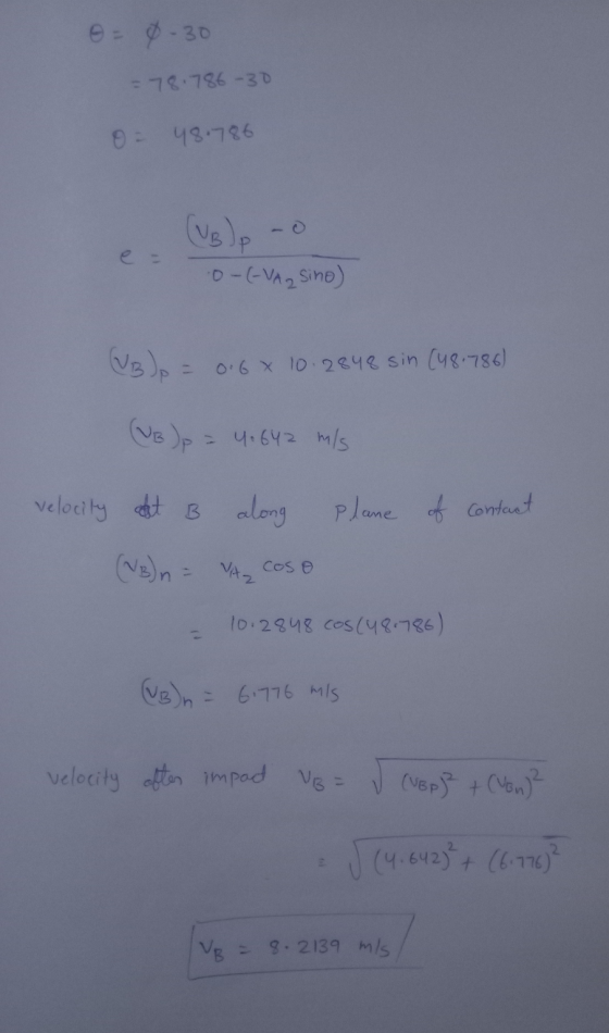 o= 0-30 = 78.786-30 O = 48.786 (UB)p 0-(-VA sino) (VB) = 0.6 x 10.2848 sin (48.786) 4.642 m/s Plane of contact velocity at B