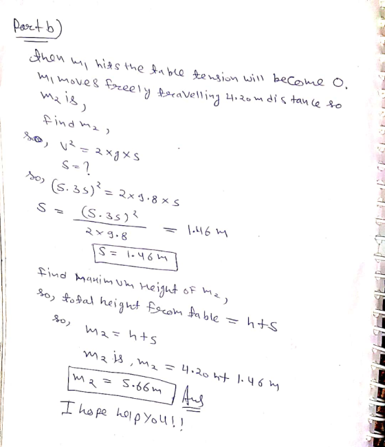 Portb) then my hits the table tension will become o. mimoves freely travelling 21,20m distance so mais, find ma, so, v²=2xgxs