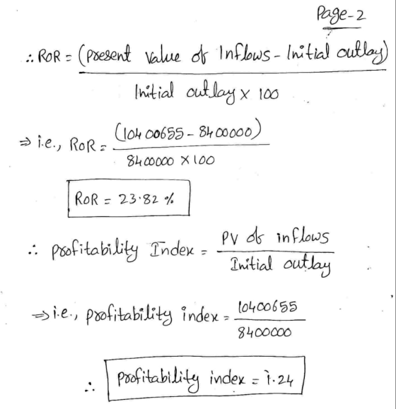 Page 2 ROR = (present value of Inflows - Initial outlay) Initial outlay x 100 nie., Ror (10400655 - 8400000) .8400000 X 100 R