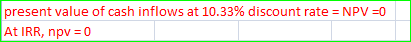 present value of cash inflows at 10.33% discount rate = NPV =0 At IRR, npv = 0