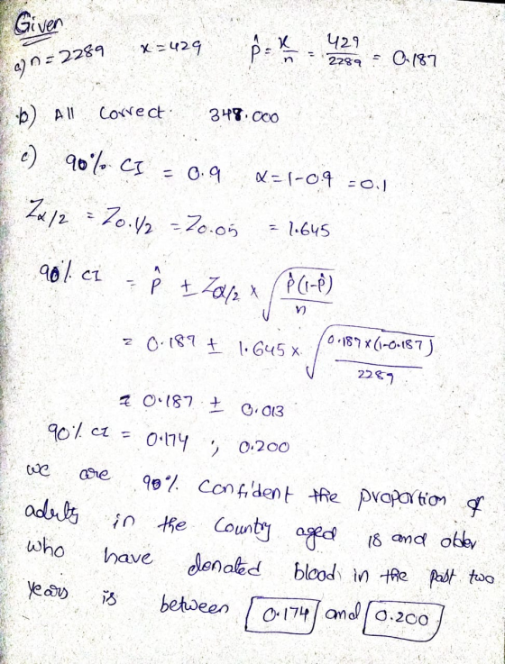 0174 / omolo.200 Given X=429 x 429 2289 n 0.181 a) n = 2289 b) All Correct 348.000 c) 90% CI = 0..9 X=(-0.4 0 Zx12 70.1/2 = 2