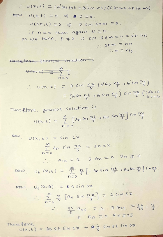 i ukit) = (A los mt &Bsin mt) CC Cosmn + D sin mx) tow U(0,t) = 0 O=0. U(511, +) = 0 > D sin som o. if o=0 Then again 0 = 0