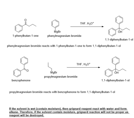 THF, H20+ MgBr 1-phenylbutan-1-one phenylmagnesium bromide 1.1-diphenylbutan-1-ol phenylmagnesium bromide reacts with 1-pheny
