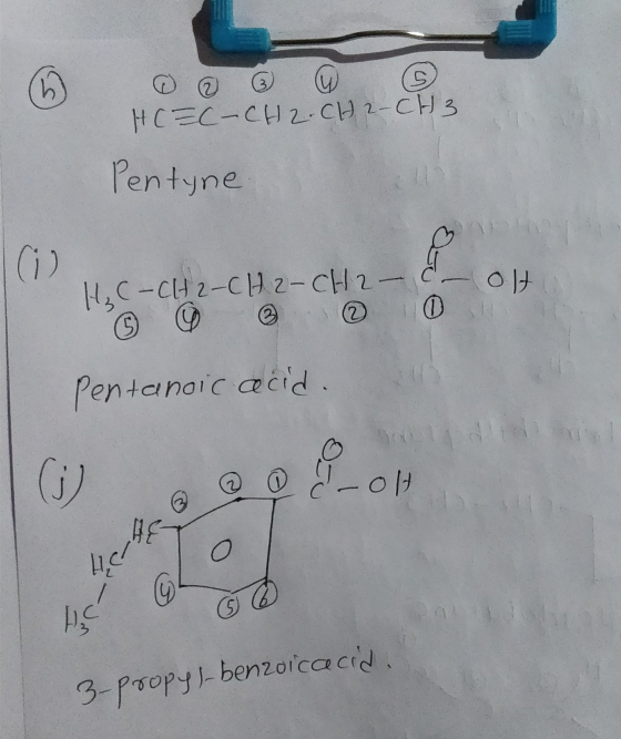 HC=C-CH2 CH2-CH3 Pentyne olt H₂C-CH2-CH2-CH2- c ☺ ☺ ☺ ☺ ☺ Pentanoic acid. (G) Q & -OH herhe@ h! Lo 3-propyl-benzoicacid.