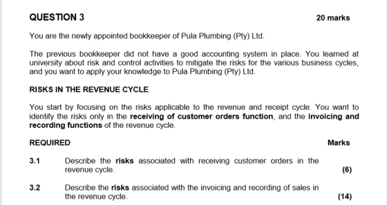 QUESTION 3 20 marks You are the newly appointed bookkeeper of Pula Plumbing (Pty) Ltd. The previous bookkeeper did not have a