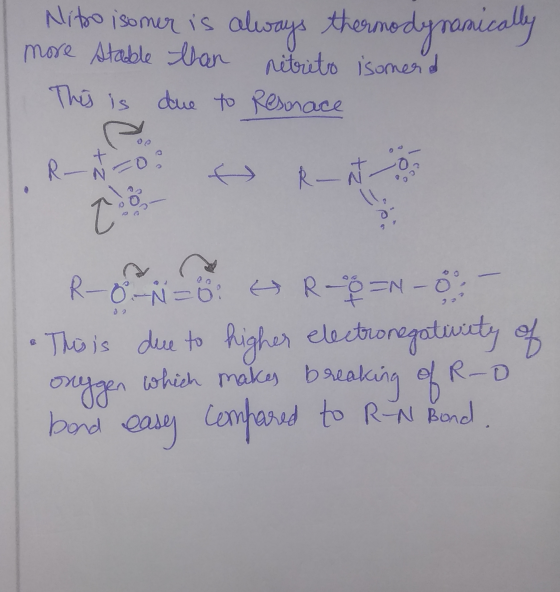 Nitro isomer is ther more stable than nitrito isomerd This is due to Resonace R-a -o: R-nt R- AR-8=N-0: - This is due to high