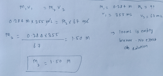 mu - My v2 m = 99 M = 0.284 m v = 355mL = 67 m2 0.284 m x 355 = M x 67 m. m = 0.28 4x355 67 - 1.50m -) oom is ent beaker. No