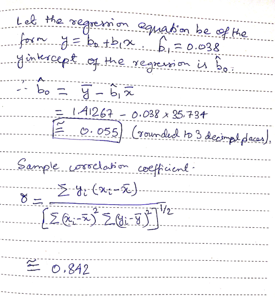 Let the regression equation be of the form y= botbix 6.1=0.038 Yintercept of the regression is bo. 260 = ☺ - 6, 5 LA1267 -0.0