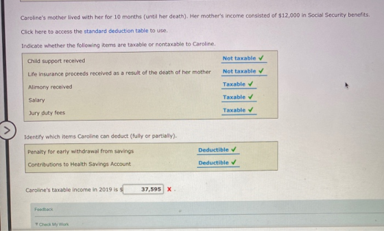 Carolines mother lived with her for 10 months (until her death). Her mothers income consisted of $12,000 in Social Security