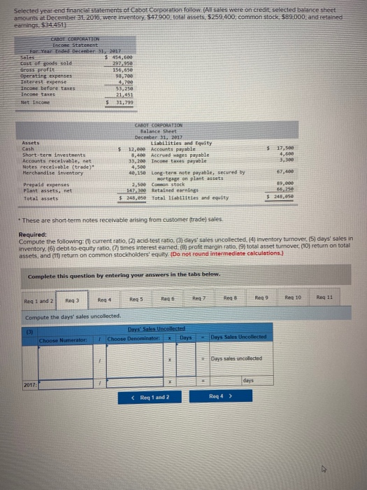 Selected year end financial statements of Cabot Corporation follow (All sales were on credil, selected balance sheet amounts