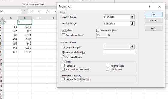 Get & Transform Data Regression ? х B1 X fr Y Input Input Y Range: OK А B 1 C D $B$1:$B$8 Cancel Y Input X Range: $A$1:$A$8 1