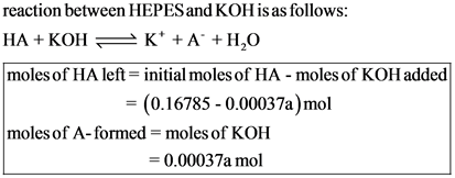 reaction between HEPES and KOH is as follows:
HA + KOH K + A+H2O
moles of HA left = initial moles of HA - moles of KOH added
