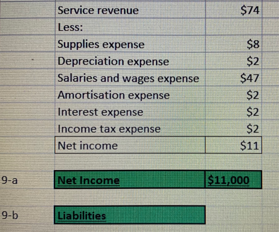 Service revenue Less: Supplies expense Depreciation expense Salaries and wages expense Amortisation expense Interest expense