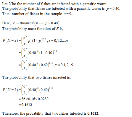 Let X be the number of fishes are infected with a parasitic worm. The probability that fishes are infected with a parasitic w