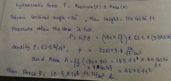 hydrostatic force Fニ Press une (P) X Area(A) Given incli red angle 30then eigt: 130 (as 2 ft Pahpg (180xg)X 625%(9.2132% 1 b