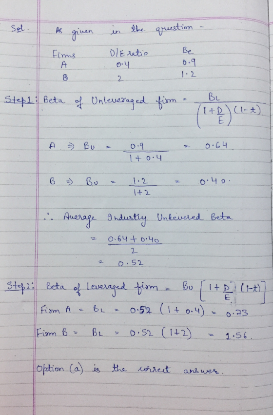 Sol. As given in the question - Be firms A D/E ratio 0.4 2. 6.9 1.2 BL Step1: Beta of Unleveraged firm - I+D A - Bu a 2 0.64.
