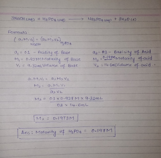 3 NaOH cag) + H3 PO4 Loop Naz Poa cag) + 3H2Oce) Formula. Ca, Movi) = (22 M2 V2). NOOH H₂PO4. a = 01 - Acidity of Base. M =