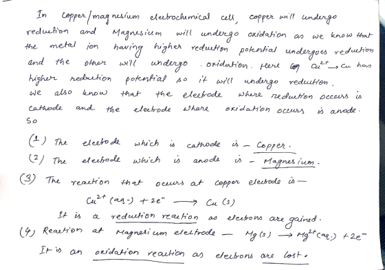 In copper/magnesium electrochemical cell, copper will undergo reduction and Magnesium will undergo oxidation as we know that