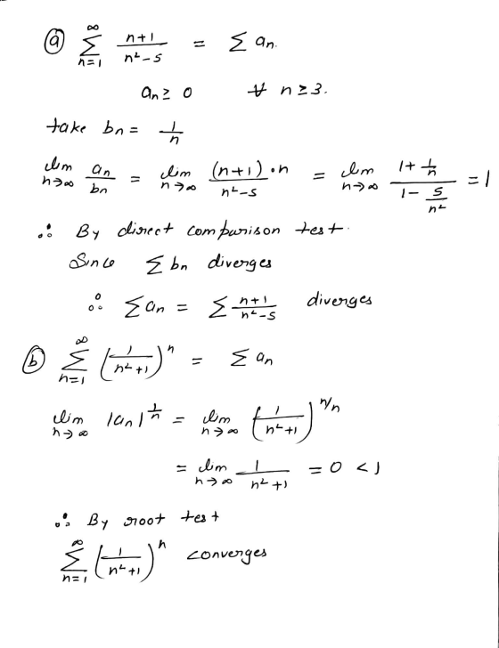 @ menting = San ns1 an Anzo #123. take bn= t Son diverges how bn - nyo nu-s na 7-5 - : By direct comparison test. Since Ebn d
