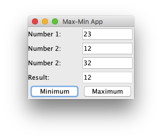 OMax-Min App Number 1 Number 2 Number 2 Result 23 12 32 12 Minimum Maximum