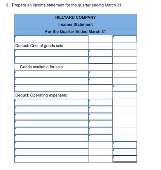 5. Prepare an income statement for the quarter ending March 31. HILLYARD COMPANY Income Statement For the Quarter Ended March