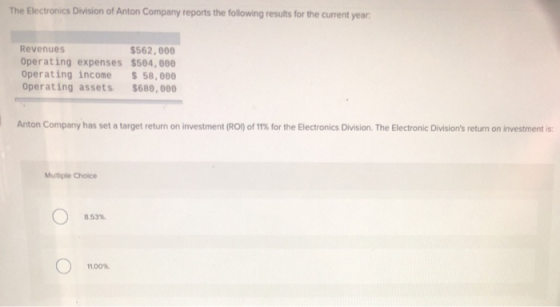 The Electronics Division of Anton Company reports the following results for the current year: Revenues $562,000 Operating exp