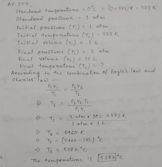 At STP, Standard temperature = 0°c = (0+ 273) K = 273k Standard pressure = 1 atm Initial proessure (P.) = 1 atma Initial temp
