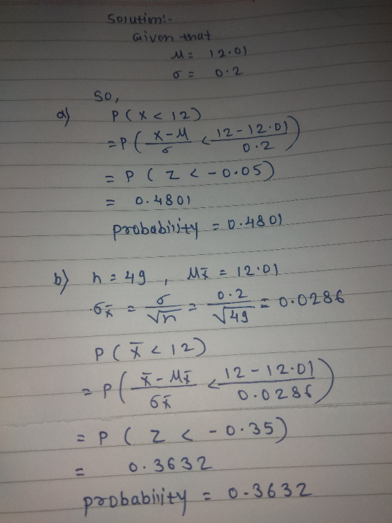 Solutim! Given thut M: 2.0 σ= 0.2 cli P (X<12). -0.8 0) 欣- o 0 28 2-ㄑㄧ-01-35 = 0.3632 prDbability-:-0-36 32