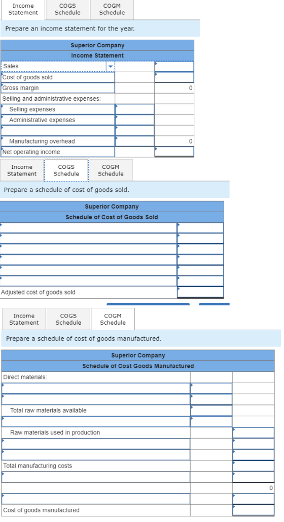 Income Statement COGS Schedule COGM Schedule Prepare an income statement for the year. Superior Company Income Statement Sale