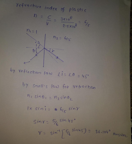 refractive index of plastic n = C 3x100 2.5x108 615 niel n2=615 by reflection law Li= 20 = 45° by snells law for refrachon n