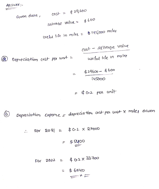 Answer:- Cost = $ 29,600 Given data, $600 salvage walue = o 145,000 miles Useful life in miles = cost - salvage value useful