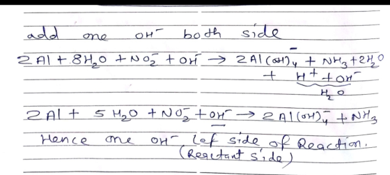 add one on both side 2A1+8H₂O + Nož tori > 2Al(OH) + NH₃ +240 - + H+ torr 2Alt 5 H₂O + Noz tout → 2 Al(OH)+ NH3 Hence one on