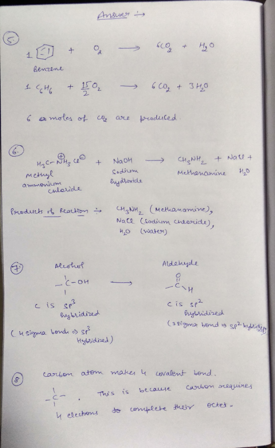 Answer 1 & & CO & H₂O Benzene CH6 & 150 - 6CO2 + 3 theo 6 a moles of cos are produced. He crNHz ce + NaOH sodium hydroxide CH