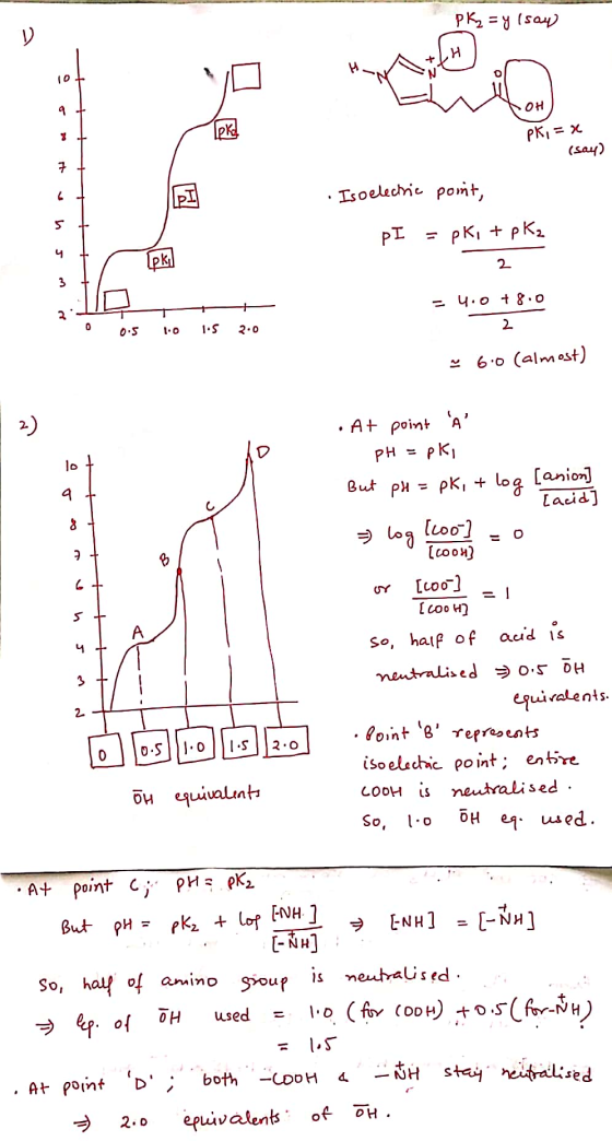 pk = y(say OH lek pk = x (sav) Isoelectric point, pI = pki + pk₂ 2 - 4.0 +8.0 2 O 0.5 1.0 1.5 2.0 ~ 6.0 (almost) • At point À