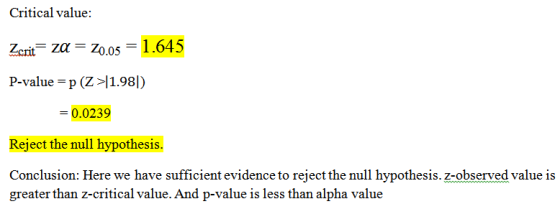 Critical value: Zcrit= za = 20.05 = 1.645 P-value =p (Z >|1.981) = 0.0239 Reject the null hypothesis. Conclusion: Here we hav