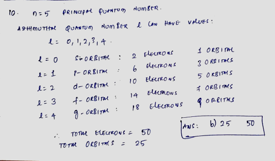 + 10. n=5 PRINCIPAL Quantum NUMBER. AZHIMUTHAL QUANTUM NUMBER I CAN HAVE VALUES la 0,1,2,3, 4. 1:0 SF ORBITAL : 2 HELTRONS 1