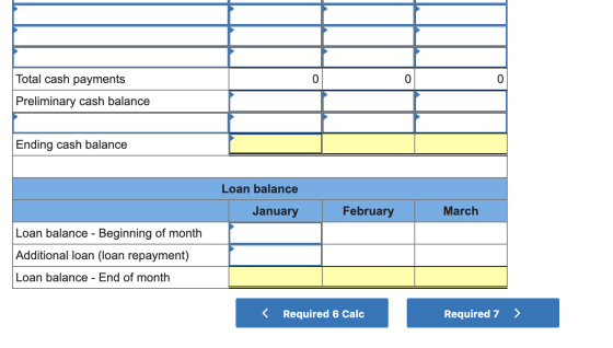 Total cash payments Preliminary cash balance Ending cash balance Loan balance January February March Loan balance - Beginning