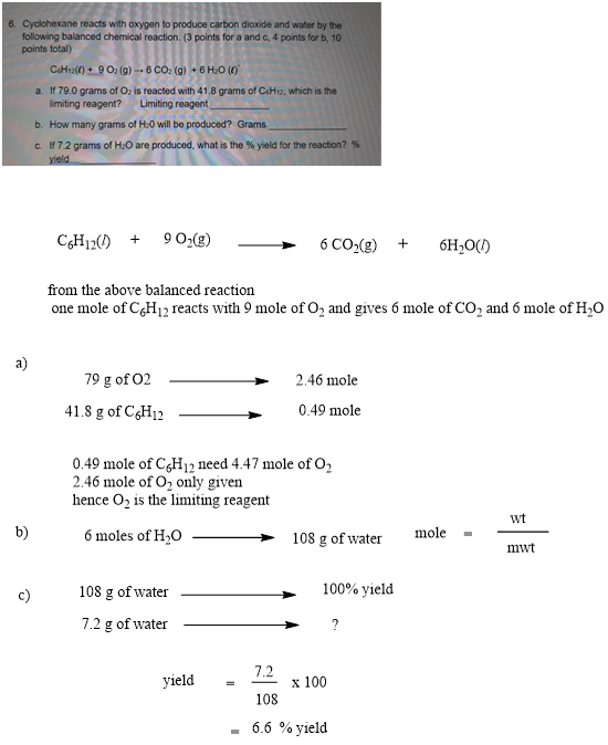 6. Cyclohexane reacts with oxygen to produce carbon dioxide and water by the following balanced chemical reaction (3 points f