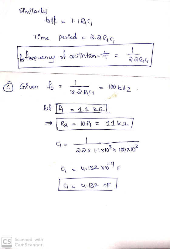 Similarly toff = IRGI time periodo = 2.2 Re G frequency of oscillation- + 2-2014 Given fo = 100 kHz 2.2 RG let [R = 1.1 kr R3
