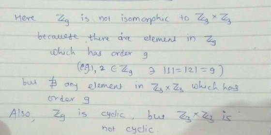 Here Zeg is not isomorphic to Zzx Zz because there are element in Zg which has order 9 (@9.1, 2 E Za 111=121 =9) but & any el