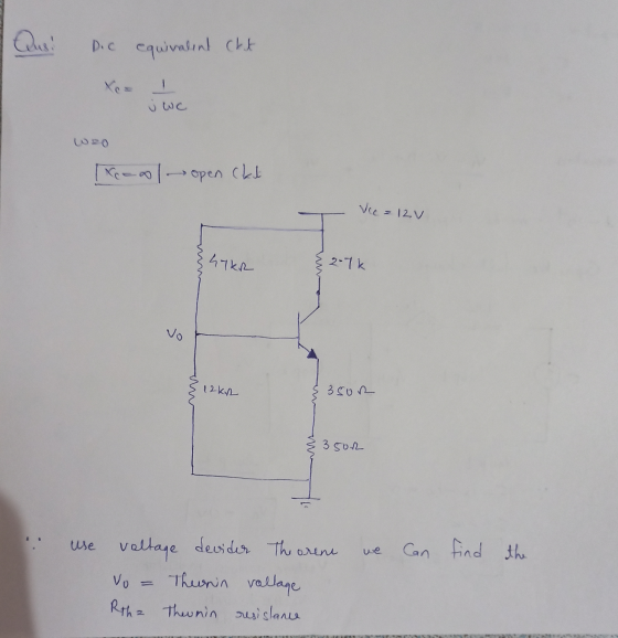 Dic equivalent cat Xe= j wc weo [Xe=al open chil Vica 12v hakr 2-4k vo 12KR 3sor 3sor Can find the use voltage devider Theore