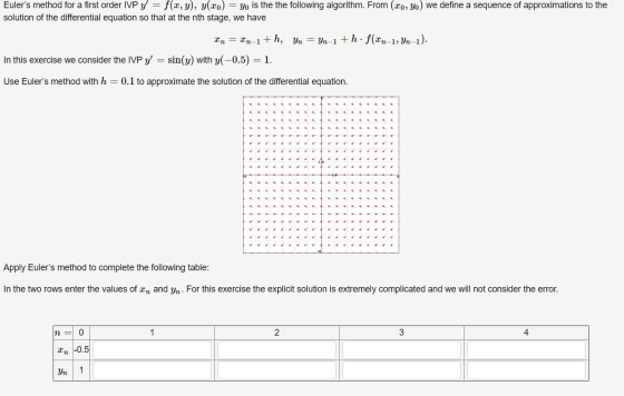 Eulers method for a first order IVP y = f(x,y), y(x) = yo is the the following algorithm. From (20, yo) we define a sequence