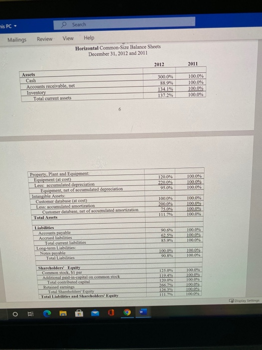 his PC- Search Mailings Review View Help Horizontal Common-Size Balance Sheets December 31, 2012 and 2011 2012 2011 Assets Ca