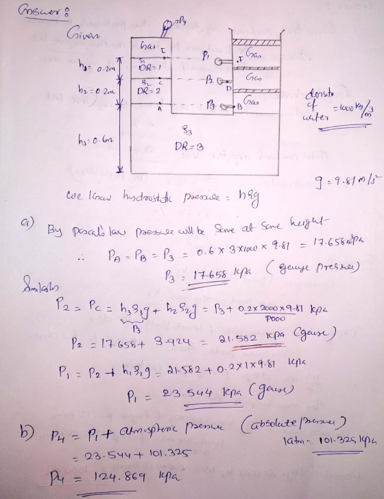 Answer: spy Given mar has T P Gas hos 1 DRA) orm Gas h2 = 0.2m & c DR - 2 D 123- Gas densito of water B A lowo k/ h₂ = 0.6m 8