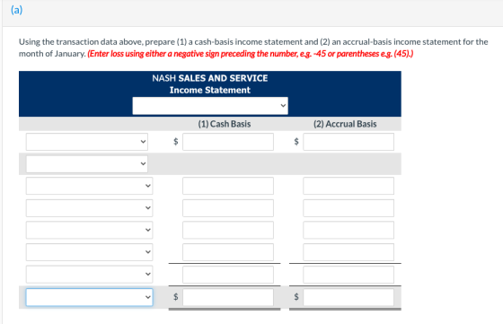 (a) Using the transaction data above, prepare (1) a cash-basis income statement and (2) an accrual-basis income statement for