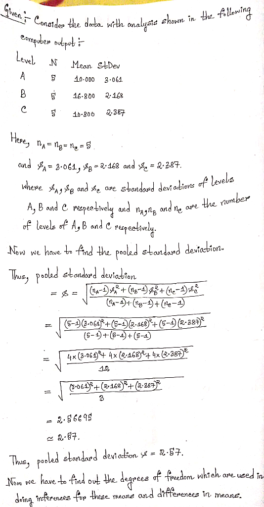 following own in the aven Consider the data with analysis shown in computer output : Level N Mean StDev A $ 10.000 3.061 16-8