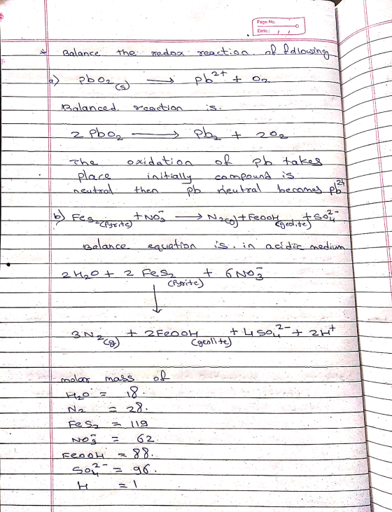 Pece No. Date: 1 * Balance the redox reaction of following L a) pboa pb2+ + or Balanced greaction is z pboz - pbs + 200 the o